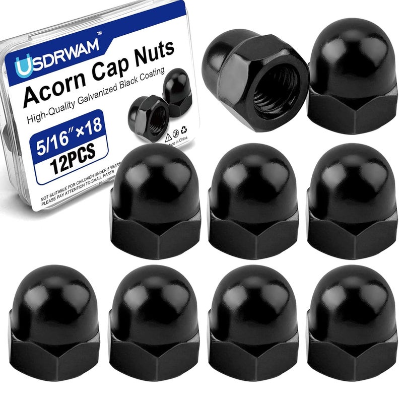 Usdrwam 12Pcs 5/16"-18 Acorn Cap Nuts, Zinc Plating-Black Hex Head Acorn Cap Nuts, Stainless Steel 18-8 (304) Hexagon Dome for Indoor Outdoor - Image 1